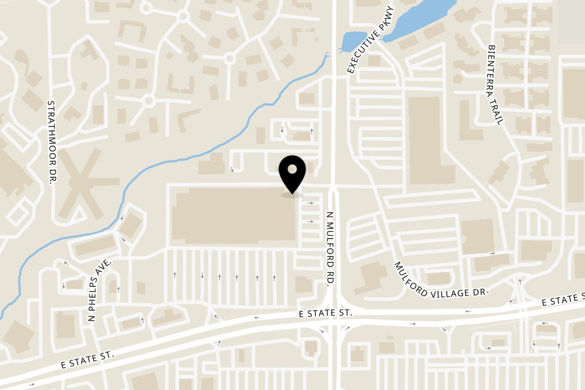 Map showing the location of Sticky Rice Bites on 298 North Mulford Road in Rockford